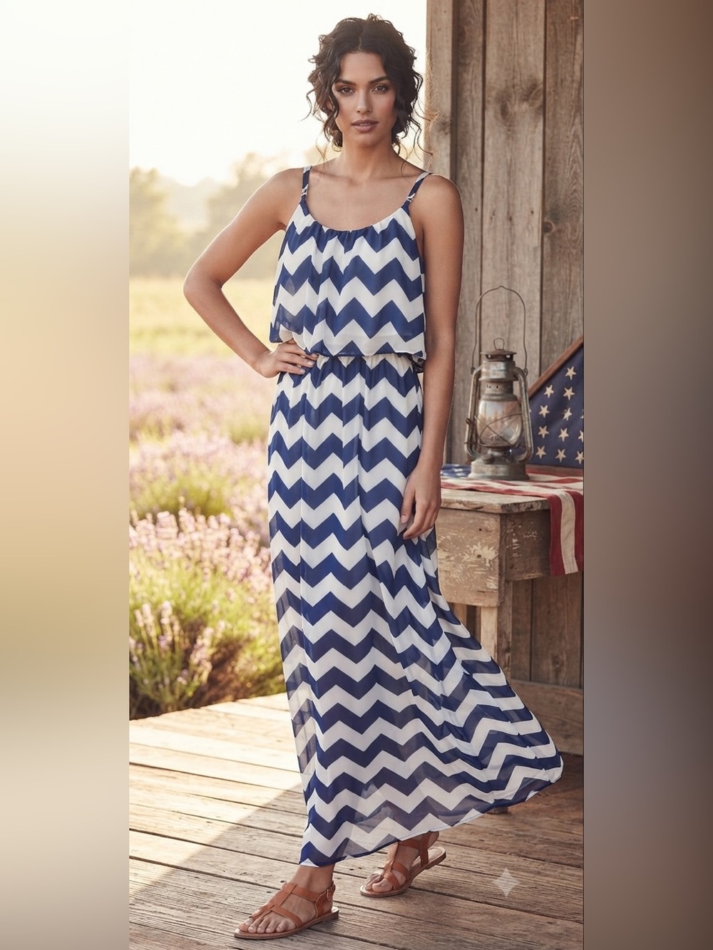 Women’s Navy Blue and White Chevron Maxi Dress with Adjustable Straps